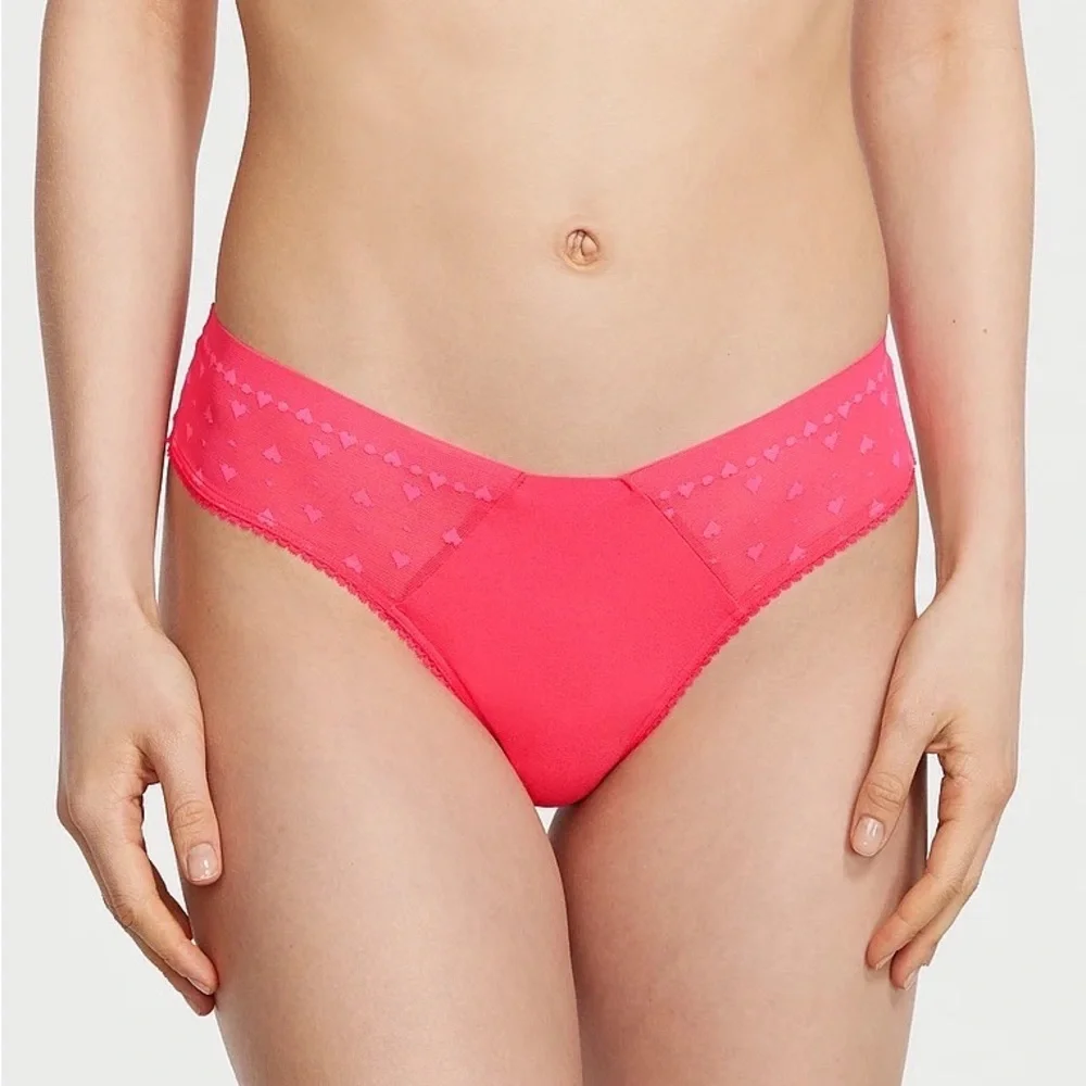 Victoria's Secret Lace-Trim No-Show Thong Panty Hottie Pink XS NEW